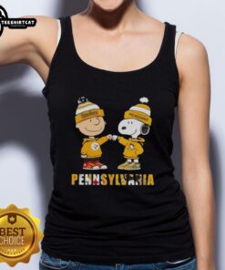 Pretty Charlie Brown fist bump with Snoopy, showcasing Pittsburgh Steelers and Penguins spirit on a tank top.
