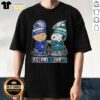 Pretty Charlie Brown and Snoopy fist bump in Philadelphia skyline t-shirt featuring 76ers and Eagles sports themes.