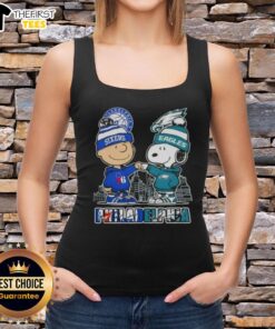 Pretty Charlie Brown fist bump with Snoopy, featuring Philadelphia skyline and 76ers x Eagles on a trendy tank top.
