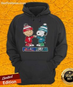 Pretty Charlie Brown fist bump hoodie featuring Snoopy, celebrating Philadelphia sports with Phillies and Eagles logos.