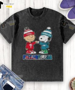 Pretty Charlie Brown fist bump with Snoopy, featuring Philadelphia City Sports Phillies and Eagles washed T-shirt design.