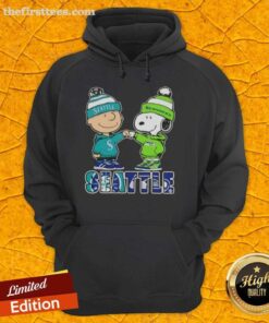 Pretty Charlie Brown fist bump with Snoopy in Seattle sports hoodie for Mariners X Seahawks, showcasing team spirit.