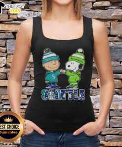 Pretty Charlie Brown fist bump with Snoopy in Seattle sports tank top for Mariners and Seahawks fans.