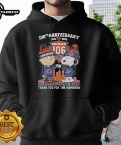 Alt Text: Stylish Chicago Bears outfit featuring a Snoopy and Charlie Brown hoodie for the 106th anniversary, 1920-2026.