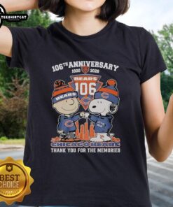 Pretty Chicago Bears outfit featuring Snoopy and Charlie Brown for the 106th Anniversary, 1920-2026, ladies tee.
