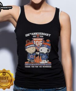 Alt Text: Stylish Chicago Bears outfit featuring Snoopy and Charlie Brown tank top for the 106th Anniversary 1920-2026.