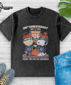 Alt Text: Chic Chicago Bears outfit featuring a Snoopy and Charlie Brown graphic on a 106th Anniversary washed t-shirt.