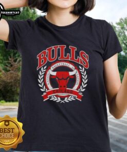Pretty Chicago Bulls National Basketball Association crest on a stylish ladies tee, perfect for fans and fashion lovers.