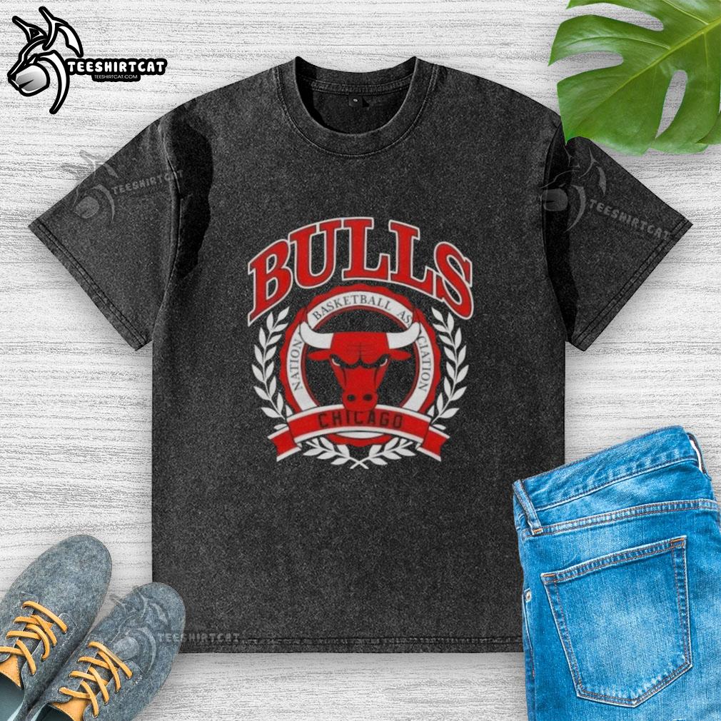 pretty-chicago-bulls-national-basketball-association-crest-washed-t-shirt Pretty Chicago Bulls National Basketball Association crest on a washed t-shirt, showcasing team spirit and style.