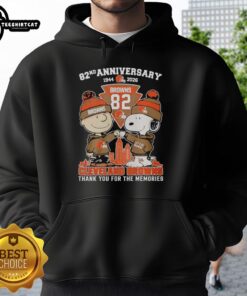 Alt Text: Stylish Cleveland Browns outfit featuring Snoopy and Charlie Brown hoodie, celebrating their 82nd anniversary (1944-2026).