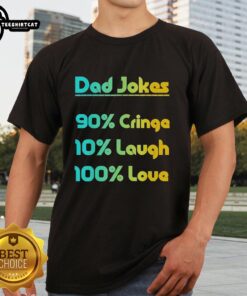 Alt Text: Funny 'Pretty Dad Jokes 90 Cringe 10 Laugh 100 Love' T-Shirt design with playful typography and vibrant colors.