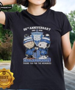 Pretty Dallas Cowboys outfit featuring Snoopy and Charlie Brown for their 66th anniversary ladies tee, 1960-2026.