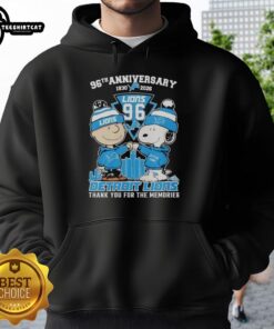 Alt Text: Stylish Detroit Lions outfit featuring a Snoopy and Charlie Brown hoodie, celebrating the 96th anniversary (1930-2026).