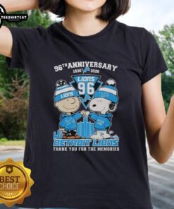 Alt Text: Stylish Detroit Lions outfit featuring Snoopy and Charlie Brown for their 96th anniversary, perfect ladies' tee.