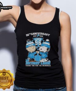 Alt Text: Stylish Detroit Lions outfit featuring Snoopy and Charlie Brown tank top, celebrating the 96th anniversary (1930-2026).