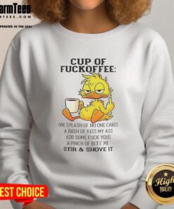 Alt Text: Colorful sweatshirt featuring a cute duck graphic with humorous coffee and sass sayings, perfect for casual wear.