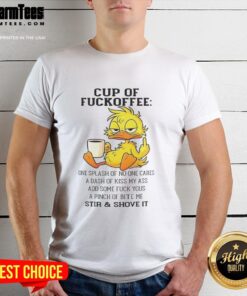 Funny duck t-shirt design featuring a witty coffee quote: 'Pretty Duck Cup Of Fckoffee' with playful graphics.