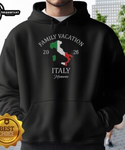 Family wearing matching 'Family Travel Squad' hoodies enjoying a beautiful vacation in Italy 2026.