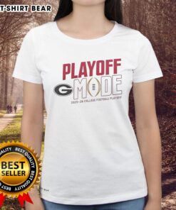 Alt Text: Pretty Georgia Bulldogs CFP 2025-2026 Playoff Mode logo on a ladies tee, showcasing team spirit and style.