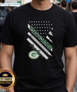 Alt Text: Pretty Green Bay Packers Football X Teacher American Flag T-Shirt featuring a vibrant design for sports fans and educators.