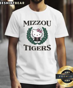 Pretty Hello Kitty Missouri Tigers crest t-shirt showcasing a cute design perfect for fans and casual wear.