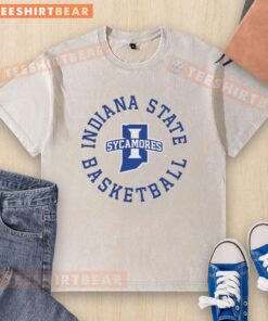 Alt Text: Pretty Indiana State Sycamores basketball circle logo on a washed t-shirt, perfect for fans and casual wear.