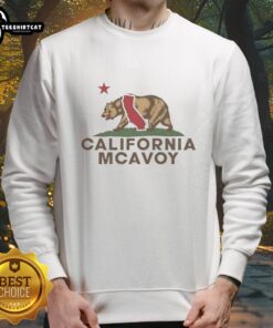 James McAvoy wearing a vintage California Bear sweatshirt featuring California Republic wordplay in a stylish setting.