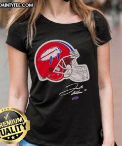 Alt Text: Stylish ladies tee featuring Josh Allen's signature and a Buffalo Bills helmet design, perfect for fans.