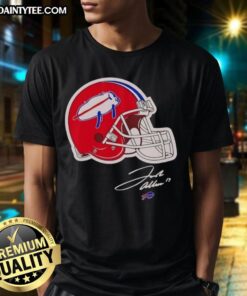 Pretty Josh Allen Buffalo Bills Helmet Signature T-Shirt featuring a vibrant design of the Bills' logo and Josh Allen's autograph.