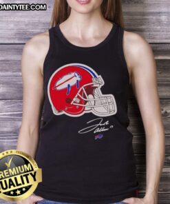 Alt Text: Pretty Josh Allen Buffalo Bills helmet signature tank top showcasing team spirit and player pride.