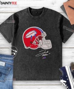 Alt Text: Josh Allen Buffalo Bills helmet signature washed t-shirt showcasing team pride and style for fans.
