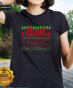 Pretty Merry Christmas Upside Down Christmas Ladies Tee featuring festive graphics and a stylish design for holiday cheer.