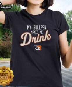 Pretty My Bullpen Makes Me Drink logo on a stylish ladies tee, perfect for baseball fans and casual wear.