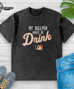 Pretty My Bullpen Makes Me Drink logo on a stylish washed T-shirt for casual wear enthusiasts.