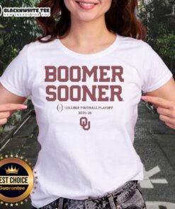 Pretty Oklahoma Sooners Football Boomer Sooner 2025-2026 CFP Ladies Tee in vibrant colors, perfect for fans.