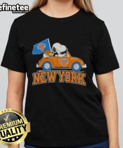 Alt Text: Pretty Peanuts Snoopy driving a car in New York Knicks basketball ladies tee design, perfect for fans and collectors.