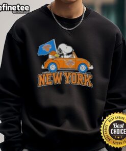 Alt Text: Pretty Peanuts Snoopy driving a car in New York Knicks basketball sweatshirt, colorful and playful design.