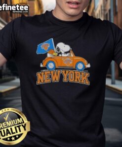Pretty Peanuts Snoopy driving a car on a New York Knicks basketball T-shirt, perfect for fans and collectors.