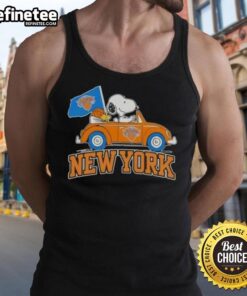 Pretty Peanuts Snoopy driving a car in a New York Knicks basketball tank top, perfect for fans and summer style.