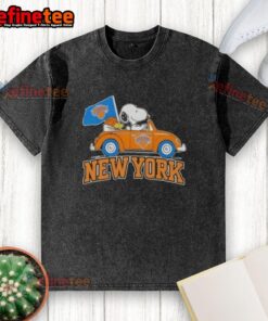 Alt Text: Pretty Peanuts Snoopy driving a car in New York Knicks basketball themed washed t-shirt, perfect for fans.