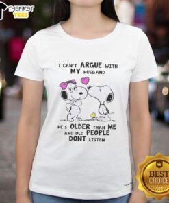 Alt Text: Cute Snoopy graphic tee with 'I can't argue with my husband, he's older' design for women.