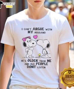 Alt Text: Pretty Peanuts Snoopy t-shirt with the quote about husbands and age, perfect for fans of Snoopy and humorous apparel.