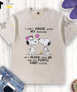 Alt Text: Pretty Peanuts Snoopy t-shirt featuring humorous quote about husbands and age, perfect for casual wear.