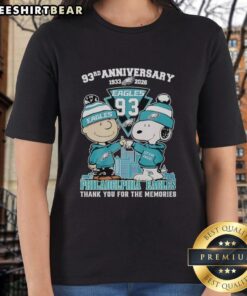 Pretty Philadelphia Eagles outfit featuring Snoopy and Charlie Brown on a ladies tee for the 93rd anniversary 1933-2026.