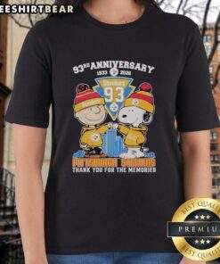 Alt Text: Stylish ladies tee featuring Snoopy and Charlie Brown, celebrating the Pittsburgh Steelers' 93rd anniversary (1933-2026).
