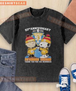 Alt Text: Stylish Pittsburgh Steelers outfit featuring Snoopy and Charlie Brown on a vintage washed t-shirt, celebrating 93rd anniversary.