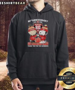 Pretty San Francisco 49ers outfit featuring Snoopy and Charlie Brown 80th anniversary hoodie, perfect for fans.