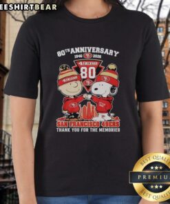 Pretty San Francisco 49ers outfit featuring Snoopy and Charlie Brown 80th anniversary ladies tee, celebrating 1846-2026.