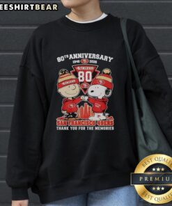 Pretty San Francisco 49ers outfit featuring a Snoopy and Charlie Brown 80th anniversary sweatshirt, celebrating 1846-2026.