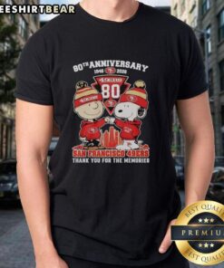 Pretty San Francisco 49ers outfit featuring Snoopy and Charlie Brown 80th Anniversary T-Shirt, perfect for fans.